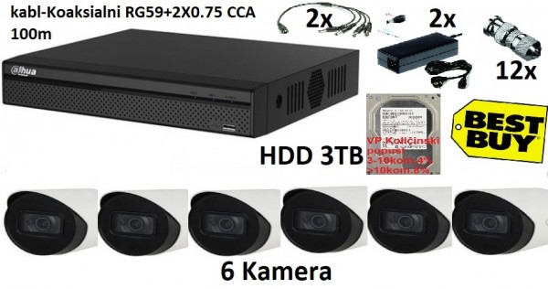 Dahua SET-12 * 6 kamere Full HD 3TB HDD 100M RG59+2X0,75 napajanje 2x 12v/5a