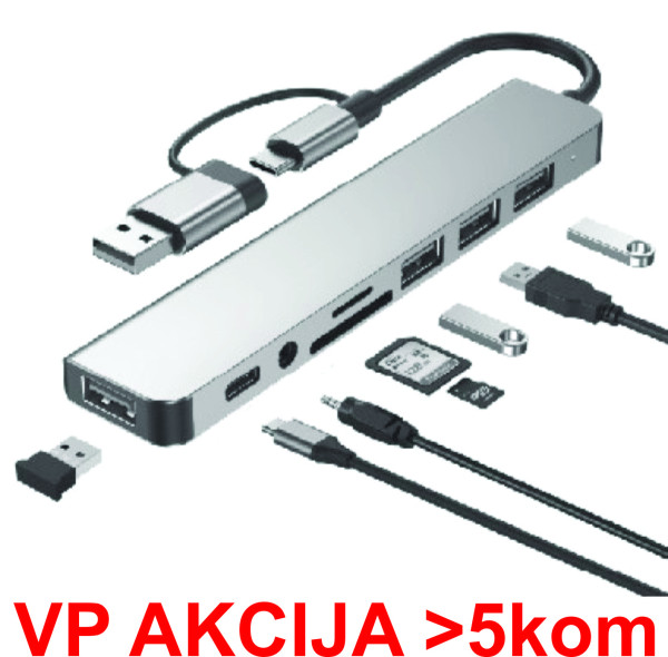 A-CM-COMBO8-06 ** Gembird USB-A + USB-C multi-port 8-in-1 USB3.0+USB2.0+SD+3.5mm+Data (838)