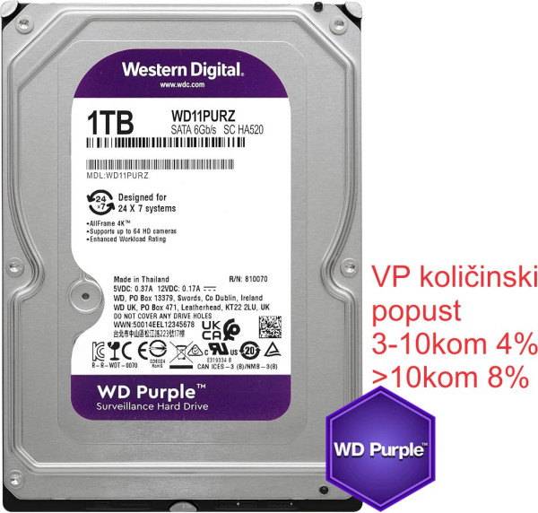 HDD 3.5 ** 1TB WD10PURZ WD Purple 24/7 5400RPM 64MB SATA3