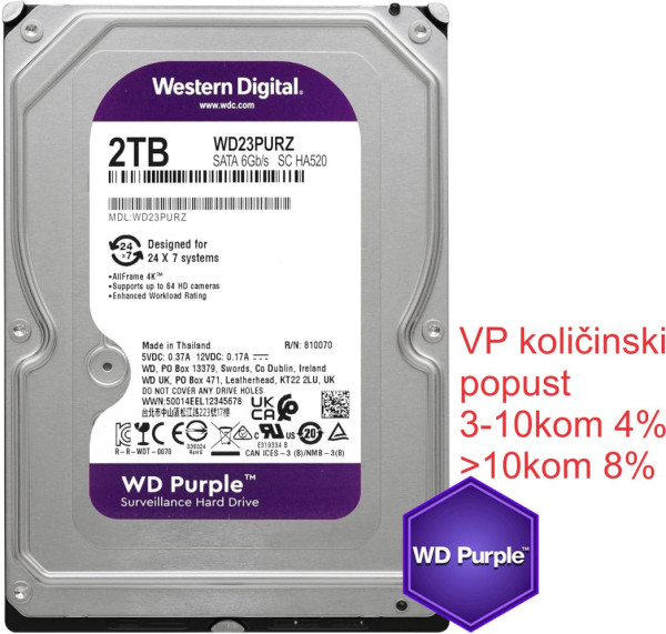 HDD 3.5 ** 2TB WD23PURZ WD Purple 24/7 5400RPM 64MB SATA3