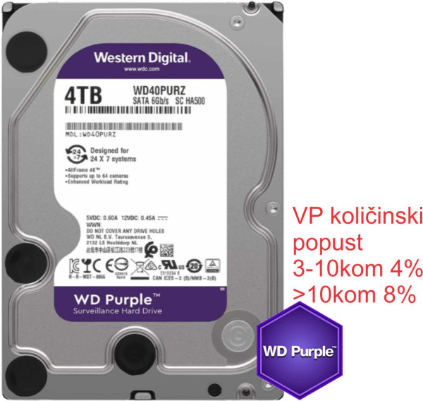 HDD 3.5 ** 4TB WD40PURZ WD Purple 24/7 5400RPM 64MB SATA3