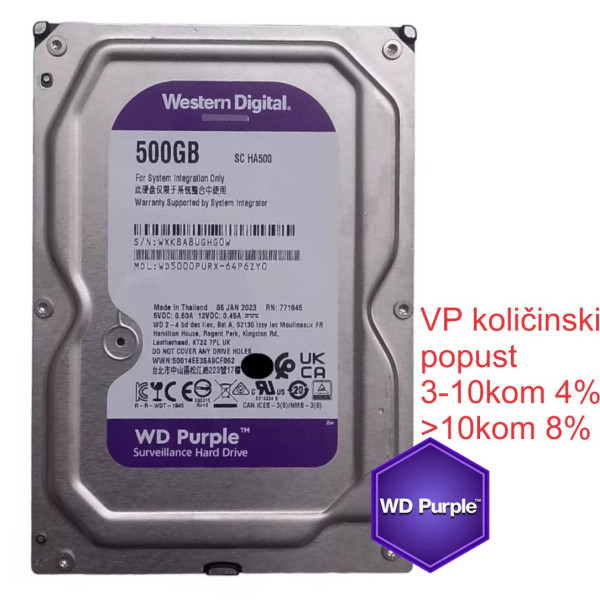 HDD 3.5 ** 500GB WD5000PURX WD Purple 24/7 5400RPM 16MB SATA3