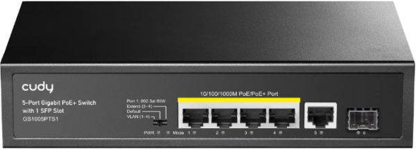 Cudy GS1005PTS1, 5-Port 10/100/1000M Gigabit 4PoE+ 1RJ45 Switch with 1 SFP Slot