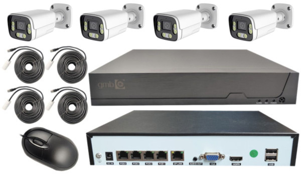 CAM-IP5MP-POEKITXM4W GMB kamera 5 mpix set full color IP 4 kamere POE NVR app xmeye sa mikrofonom