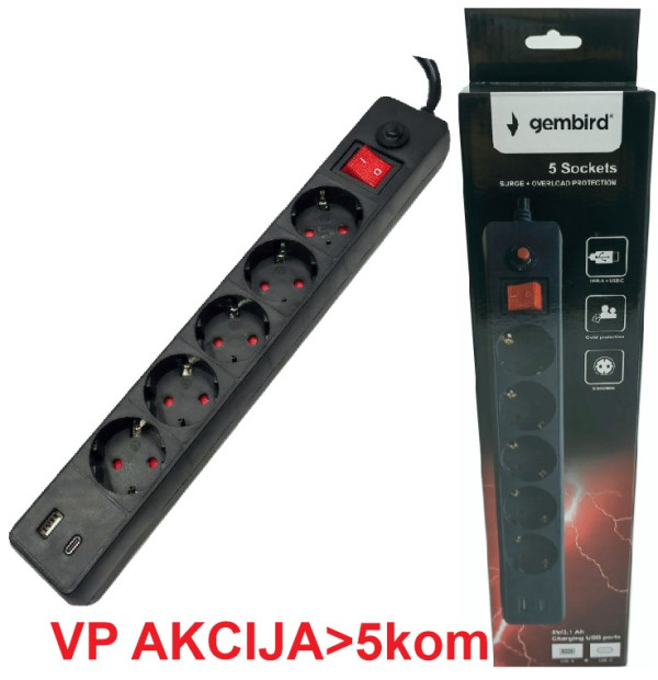 SPG5-B-6(3G1.5)**Gembird produzni kabl sa zastitom 5 uticnica, 5V/3.1A USB-A+C 16A/3500W 1.8m (743)